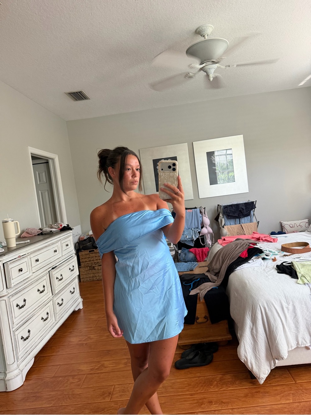 Beginning Boutique Light Blue Strapless Off-Shoulder Mini Dress